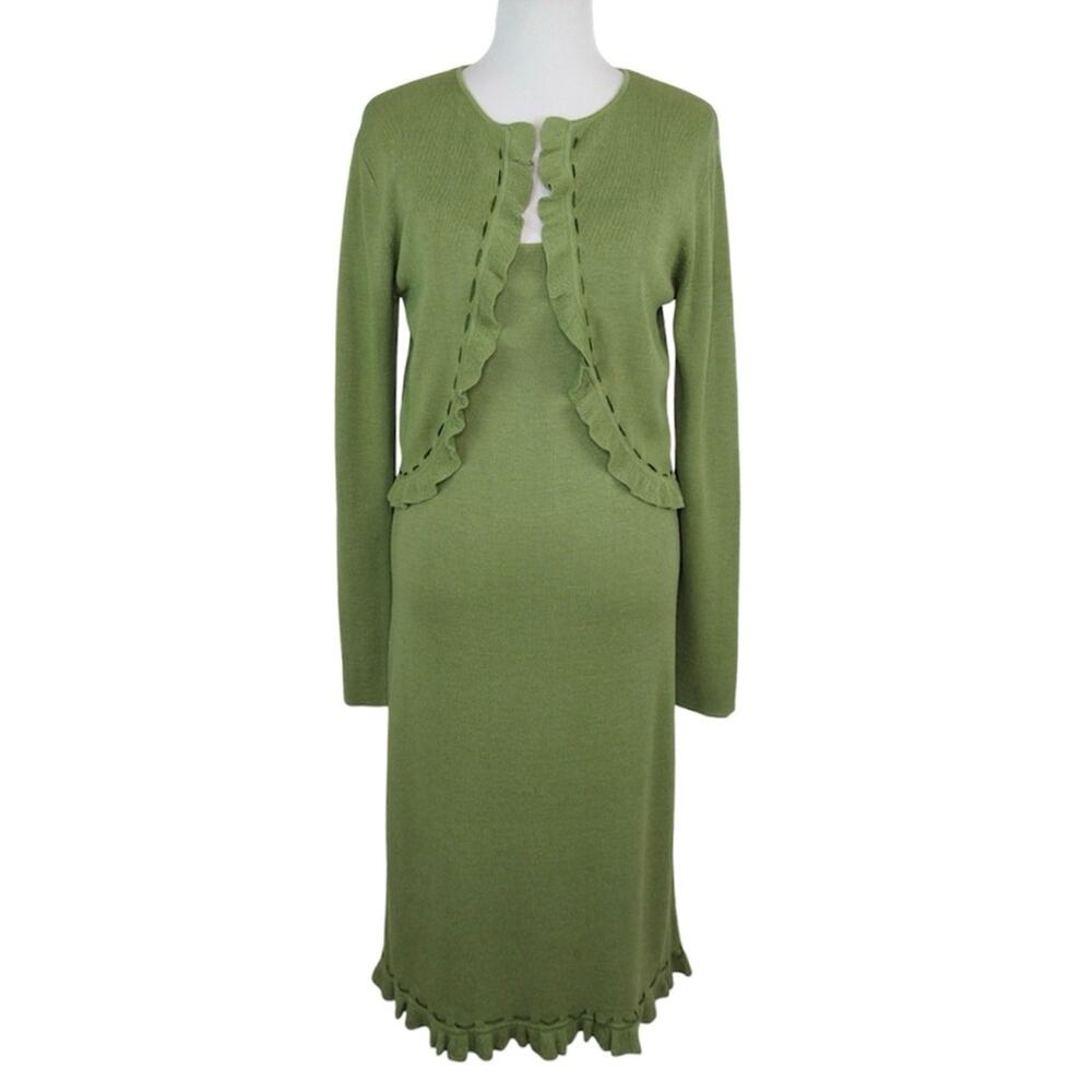 SAINT TROPEZ Green Knit Silk Blend Midi Dress & Ruffle Cardigan Set Size Large